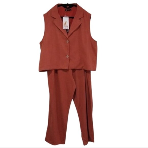 PrettyGarden Pant Blazer Vest Set Size XL Linen Blend High Waisted Wide Leg Chic - Picture 2 of 16